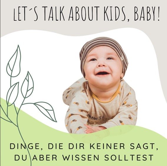 Lächelndes Baby in gestreifter Mütze mit dem Text „Let's talk about kids, baby!“