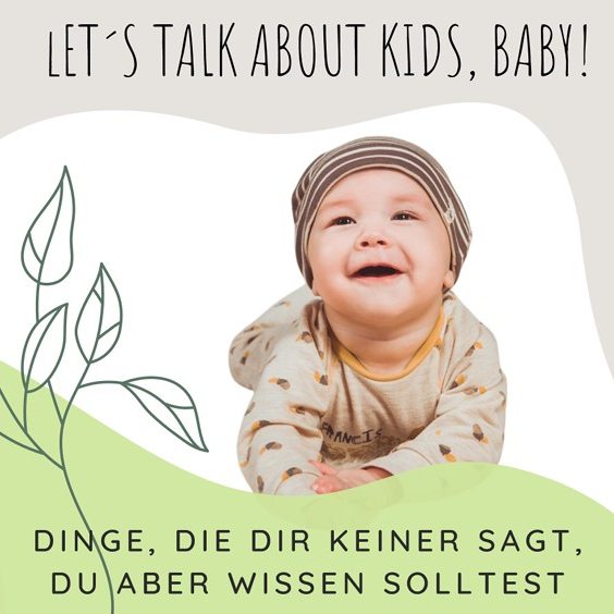 Ein lächelndes Baby in einem gestreiften Hut mit dem Text "Let's talk about kids, baby!"