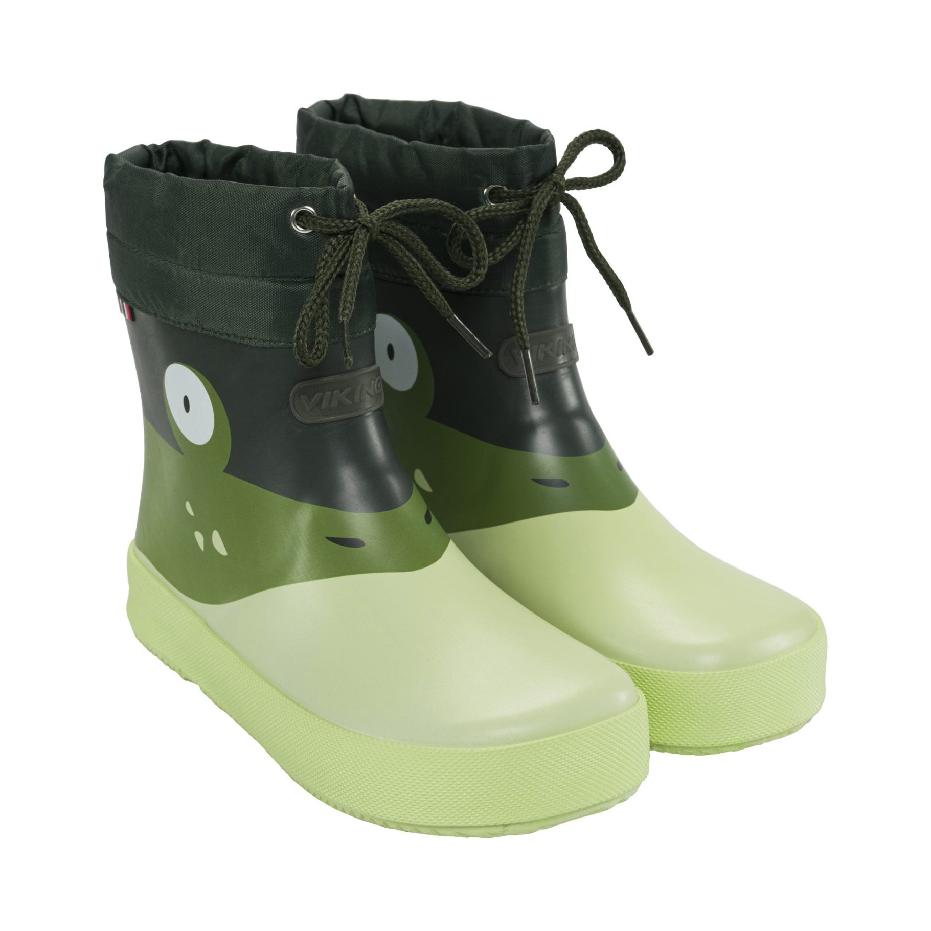 Grüne Gummistiefel mit tierischem Gesichtsmotiv und Schnürung.